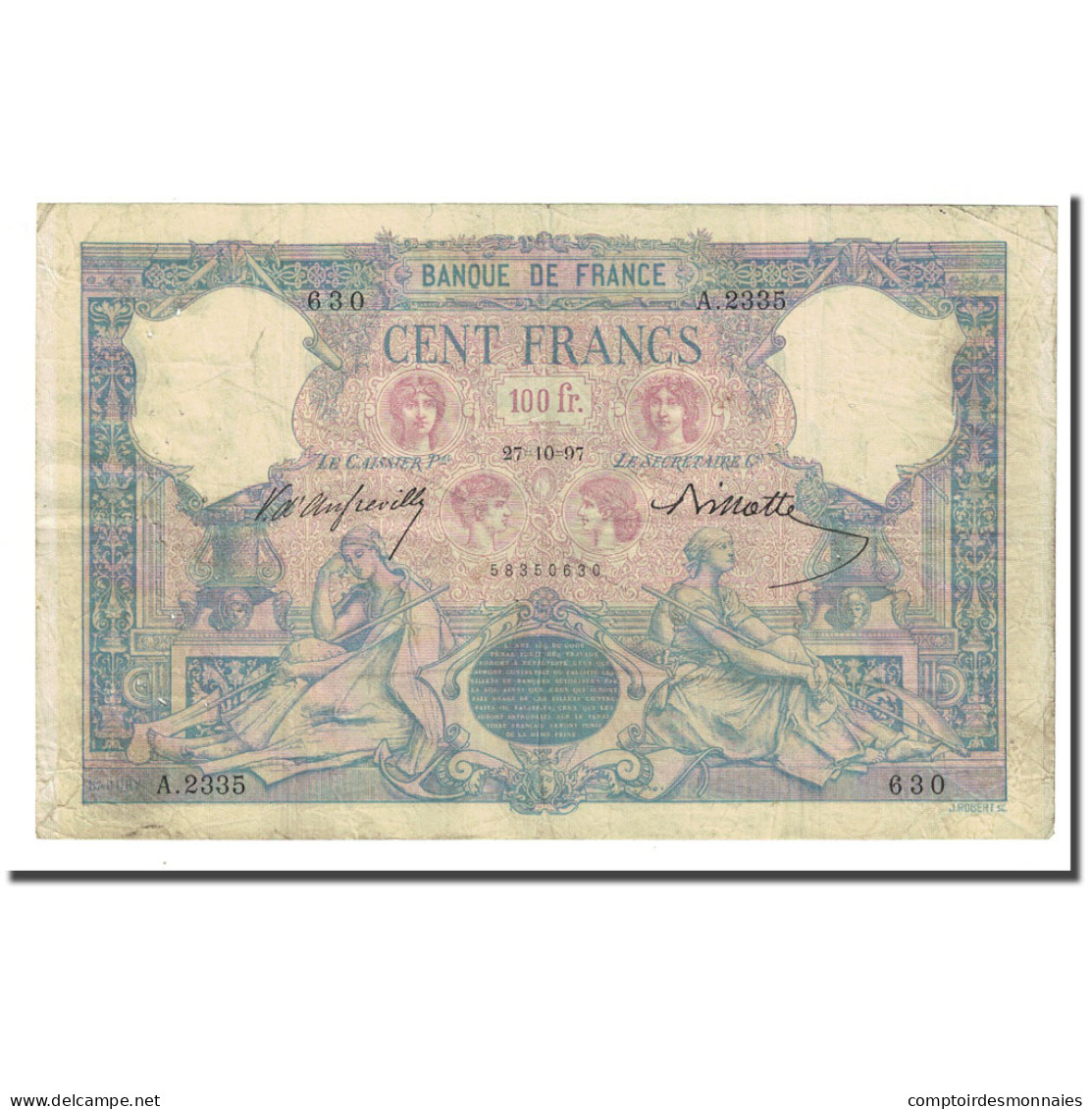 France, 100 Francs, Bleu Et Rose, 1897-10-27, TB+, Fayette:21.10, KM:65b - 100 F 1888-1909 ''Bleu Et Rose''