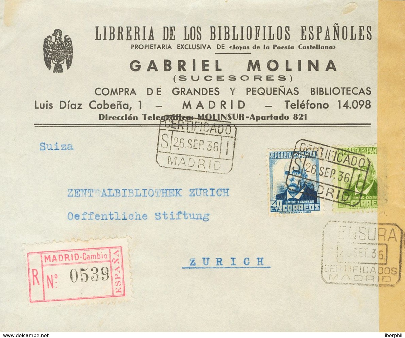 Sobre 670, 672. 1936. 40 Cts Azul Y 60 Cts Verde Oliva. Certificado De MADRID A ZURICH (SUIZA). Al Dorso Dos Viñetas De  - Sonstige & Ohne Zuordnung