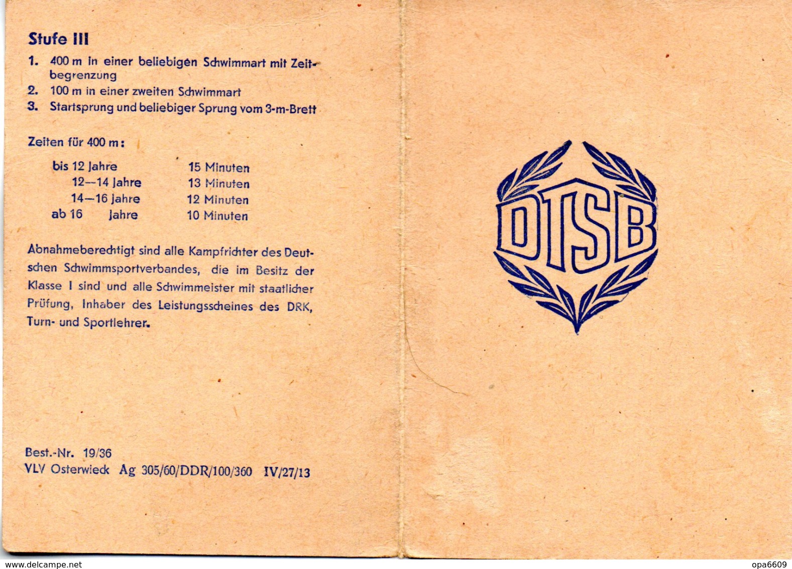 (Kart-ZD) DDR DTSB Urkunde "Schwimmabzeichen Der Deutschen Demokratischen Republik Stufe II" Ausgest. 15.6.61 - República Democrática