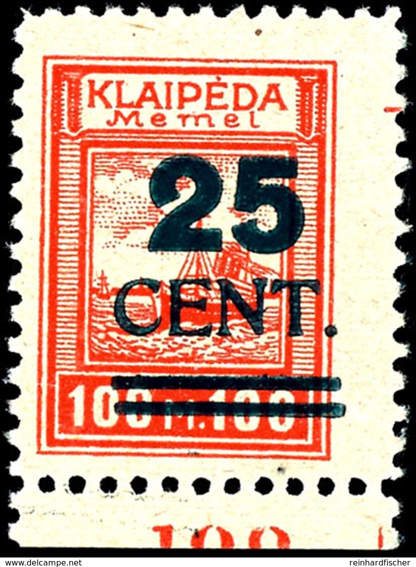 25 Cent. Auf 100 M. Grünaufdruck, Postfrisch Vom Unterrand In Type II, Fotoattest Huylmans BPP "echt, Rückseitig Oben Re - Memel (Klaïpeda) 1923