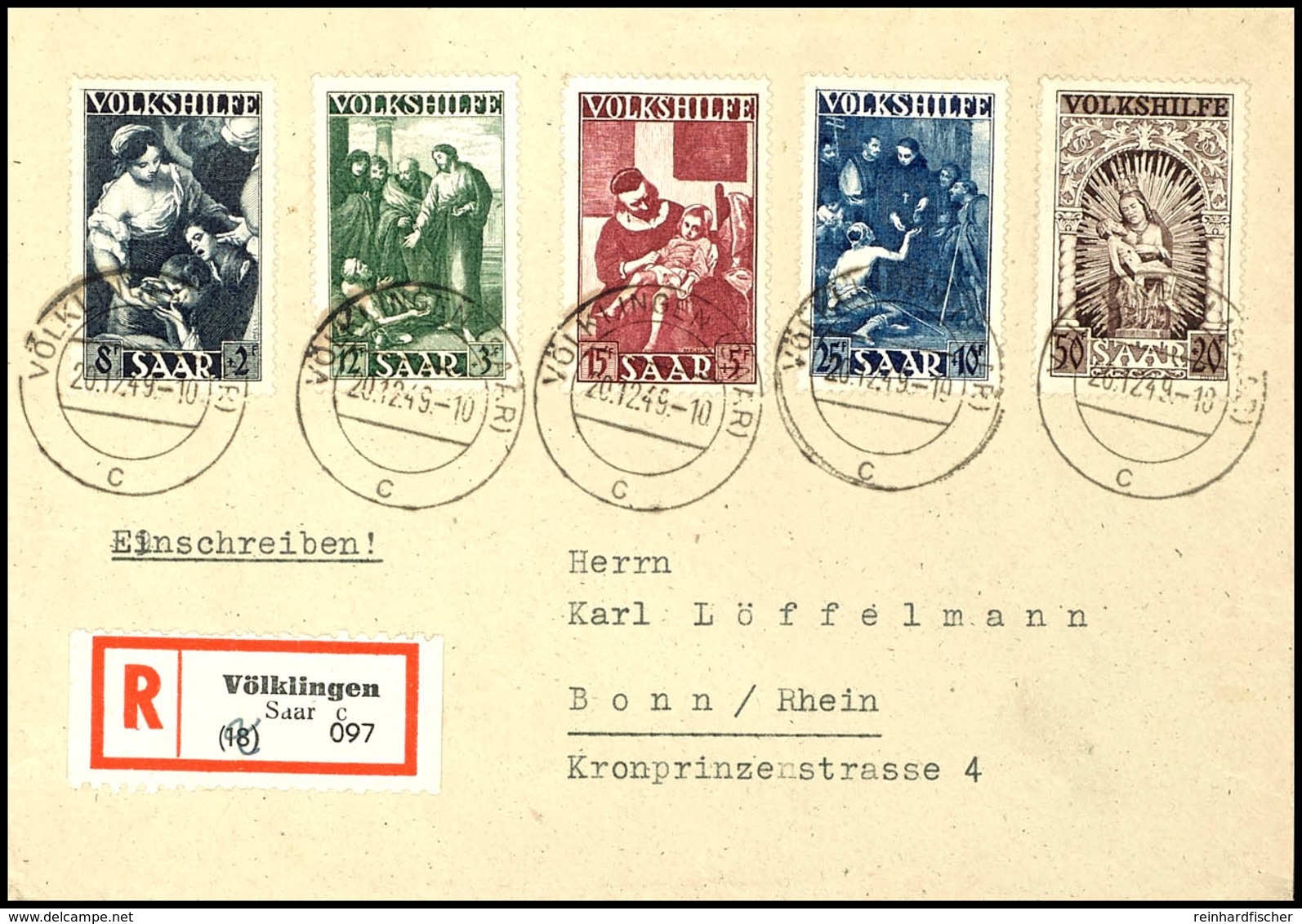 8 Bis 50 Fr. Volkshilfe 1949, 5 Werte Kpl. Auf überfrankiertem R-Ersttagsbrief "VÖLKLINGEN 20.12.49" Nach Bonn Mit Ankun - Other & Unclassified