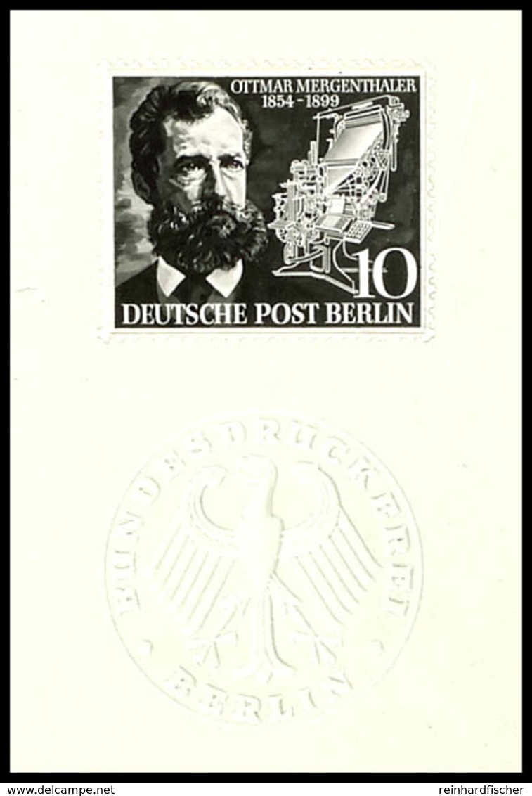 10 Pfg Ottmar Mergenthaler, Ankündigungskarton (grau, Format Ca. Din A 6 Quer) Mit Dem Trockensiegel Der Bundesdruckerei - Other & Unclassified