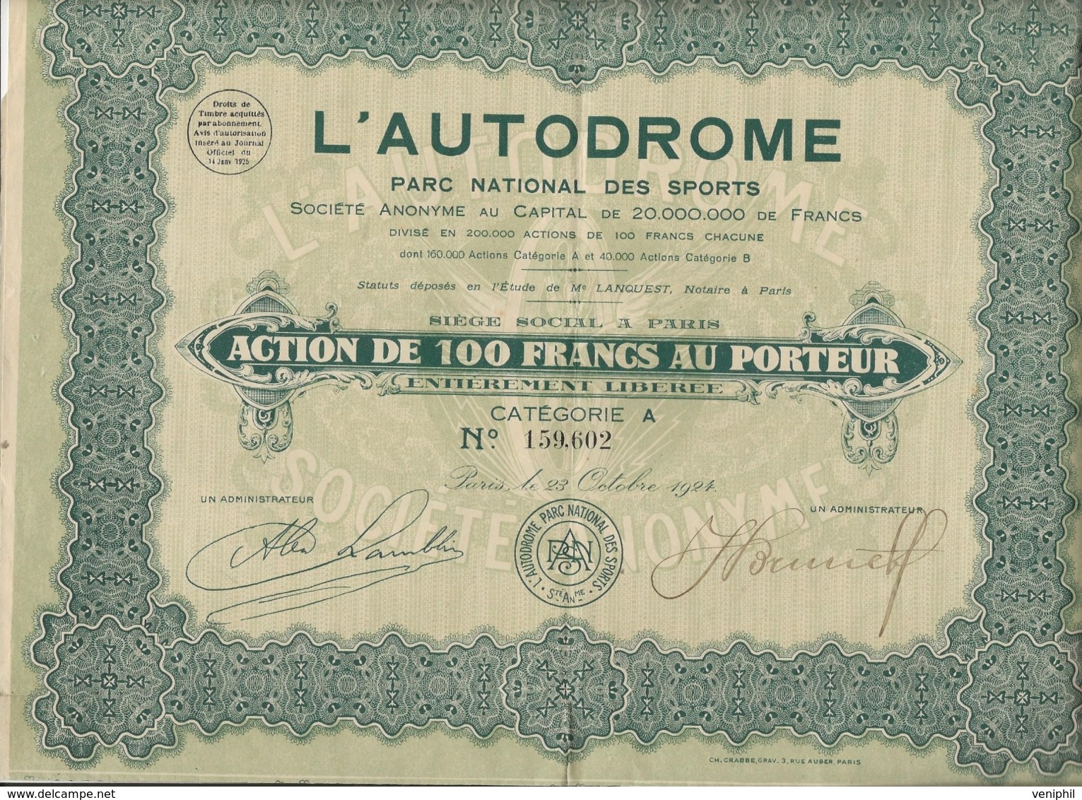 ACTION DE 100 FRS - L'AUTODROME -PARC NATIONAL DES SPORTS -PARIS - 1924 - Deportes
