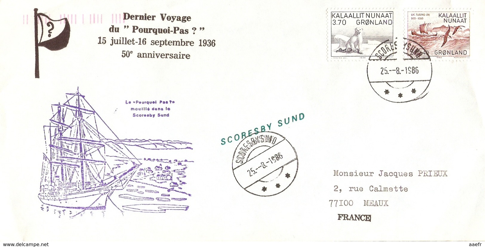 Groenland 1986 - Enveloppe De Scoresby Sund à Meaux - 50 ème Anniversaire Du Dernier Voyage Du Pourquoi-pas?- YT125/135 - Brieven En Documenten