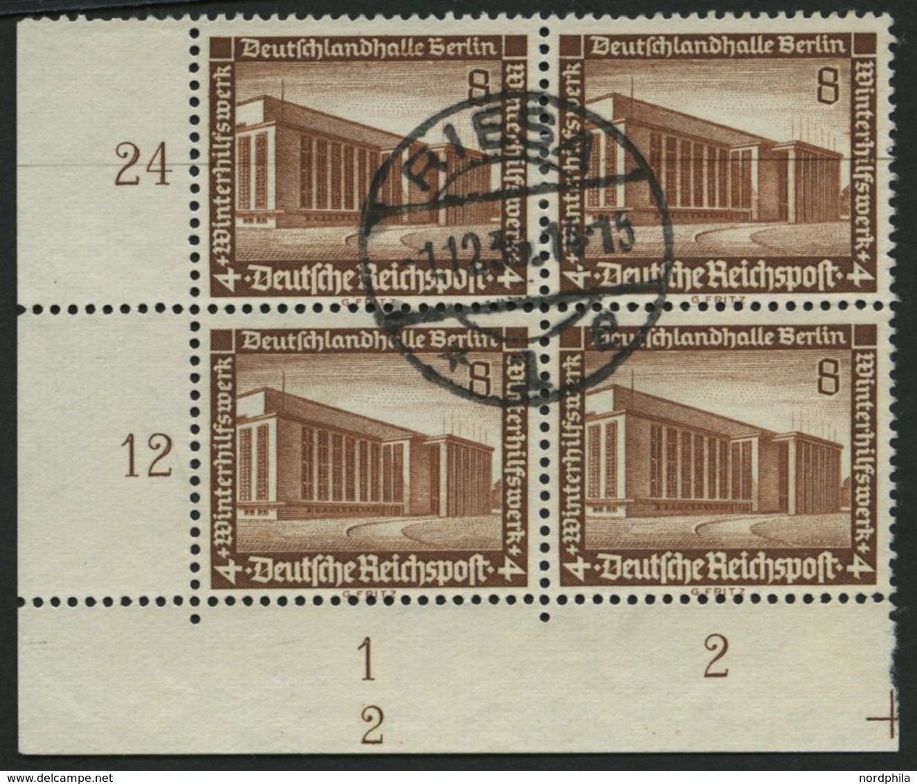 Dt. Reich 638 VB O, 1936, 8 Pf. Deutschlandhalle Im Viererblock Aus Der Linken Unteren Bogenecke Mit Form-Nr. 2, Pracht - Sonstige & Ohne Zuordnung