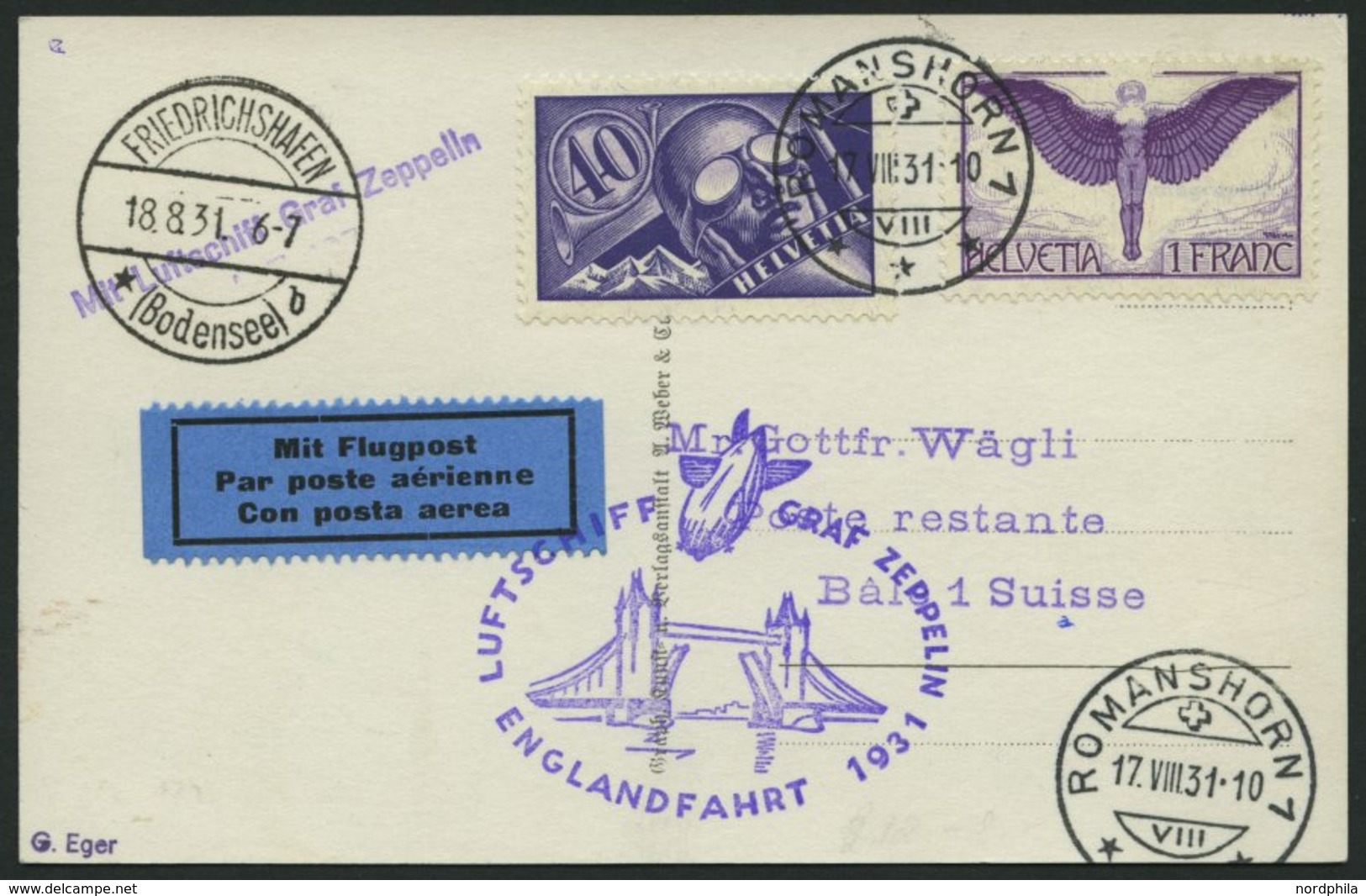 ZULEITUNGSPOST 122 BRIEF, Schweiz: 1931, Englandfahrt, Prachtkarte - Zeppeline