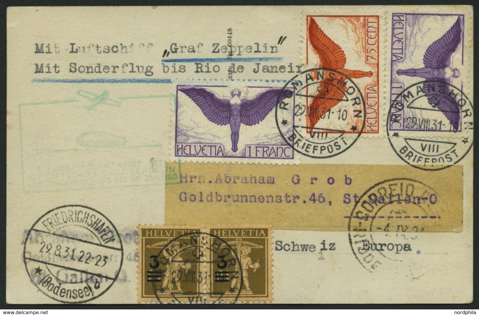 ZULEITUNGSPOST 124Ca BRIEF, Schweiz: 1931, 1. Südamerikafahrt, Bis Rio De Janeiro, Prachtkarte - Zeppeline