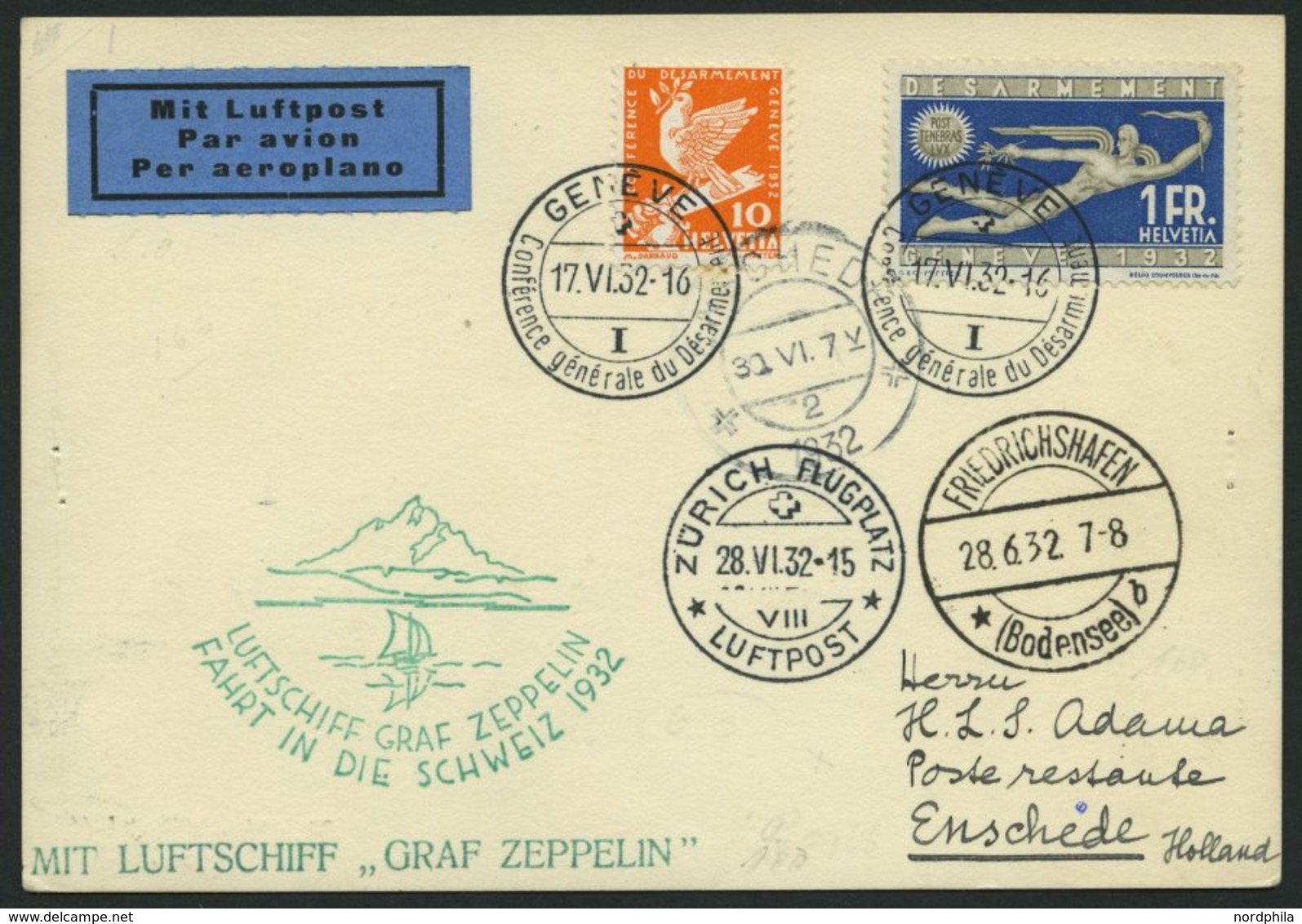 ZULEITUNGSPOST 166 BRIEF, Schweiz: 1932, Schweizfahrt, Prachtkarte Nach Holland - Zeppeline