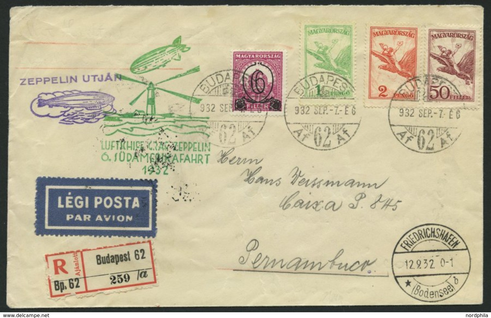 ZULEITUNGSPOST 177 BRIEF, Ungarn: 1932, 6. Südamerikafahrt, Einschreibbrief, Pracht - Zeppeline