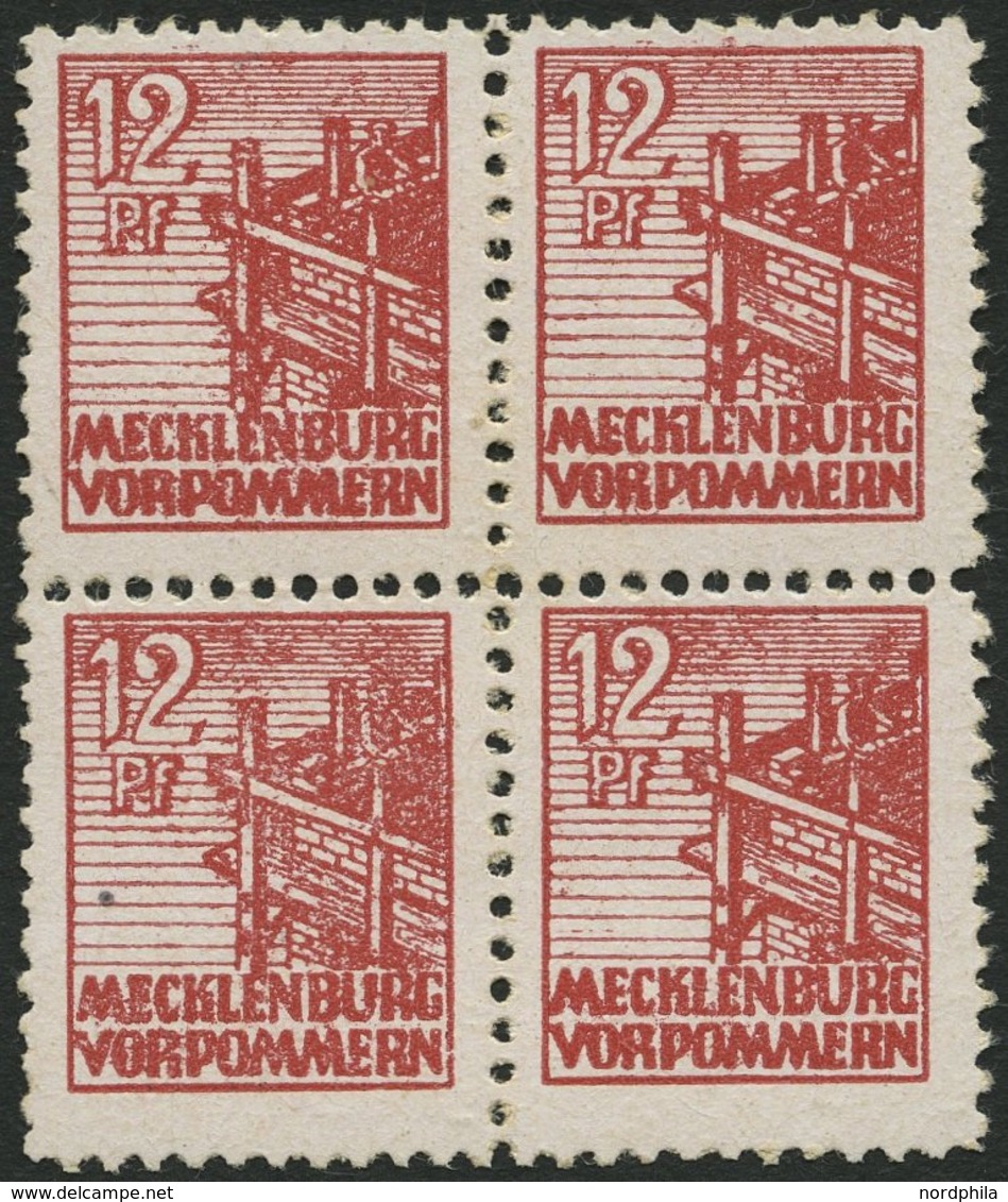 MECKLENBURG-VORPOMMERN 36xc VB **, 1946, 12 Pf. Lebhaftbraunrot, Kreidepapier, Im Viererblock, Linke Obere Marke Geringe - Sonstige & Ohne Zuordnung