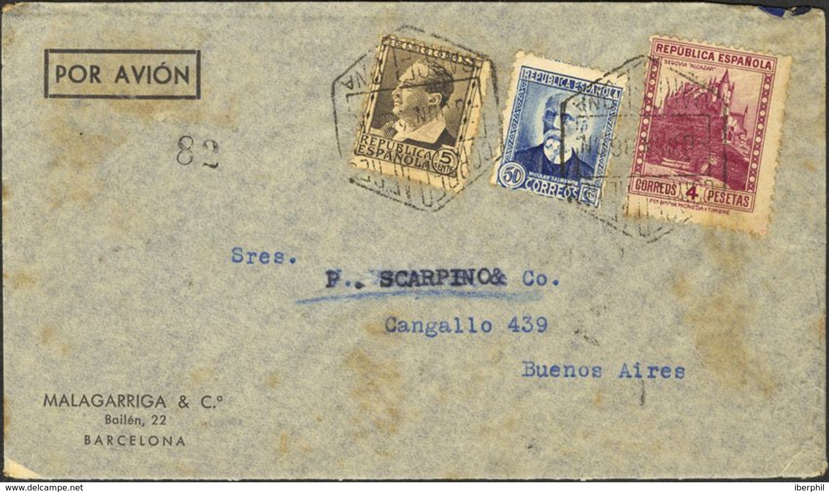 España. República Española Correo Aéreo. Sobre 681,688,771. 1936. 5 Cts, 50 Cts Y 4 Pts. BARCELONA A BUENOS AIRES. Matas - Storia Postale