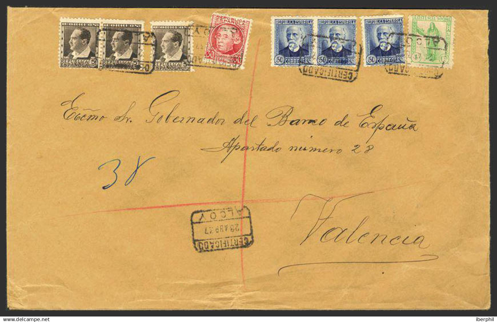 España. República Española Correo Certificado. Sobre 681(3), 687, 688(3). 1937. 5 Cts., Tres Sellos, 30 Cts., 50 Cts., T - Storia Postale