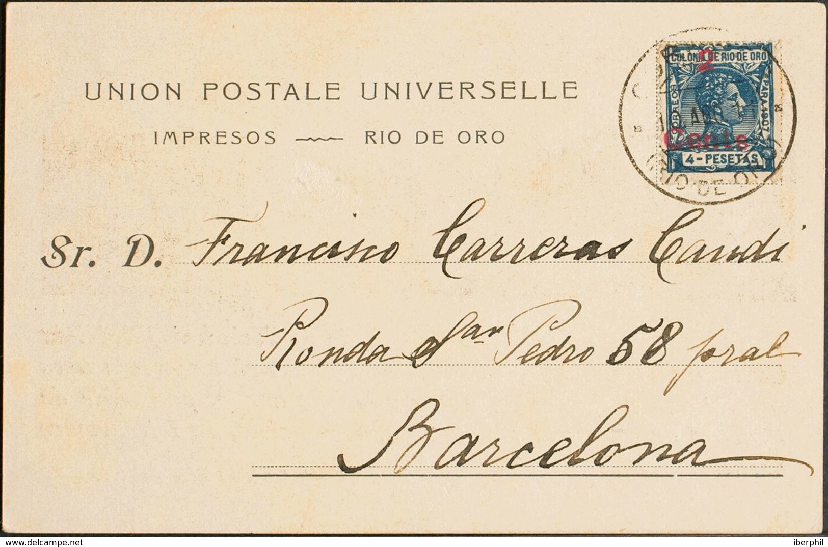 España. Río De Oro. Sobre 59. 1911. 2 Cts Sobre 4 Pts Azul. Tarjeta Postal De La SOCIEDAD FILATELICA CATALANA De RIO DE - Rio De Oro