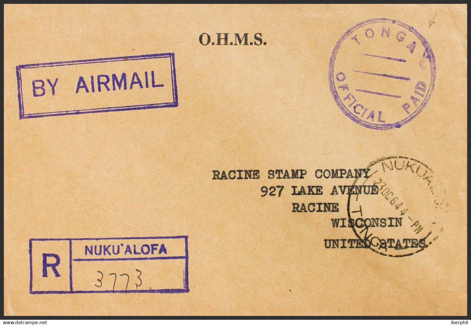 Tonga. Sobre Yv . 1964. Certificado De NUKU'ALOFA A RACINE (U.S.A.). Marca De Franquicia TONGA / OFFICIAL PAID, En Viole - Tonga (...-1970)