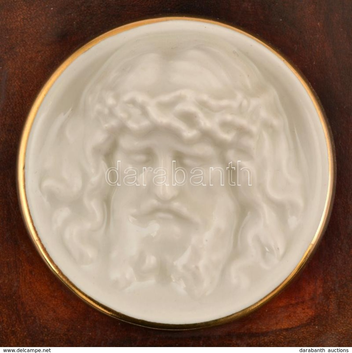 Krisztus Fej. Fehér Mázas Porcelán Plakett, Bőr Keretben, D: 7,5 Cm - Sonstige & Ohne Zuordnung