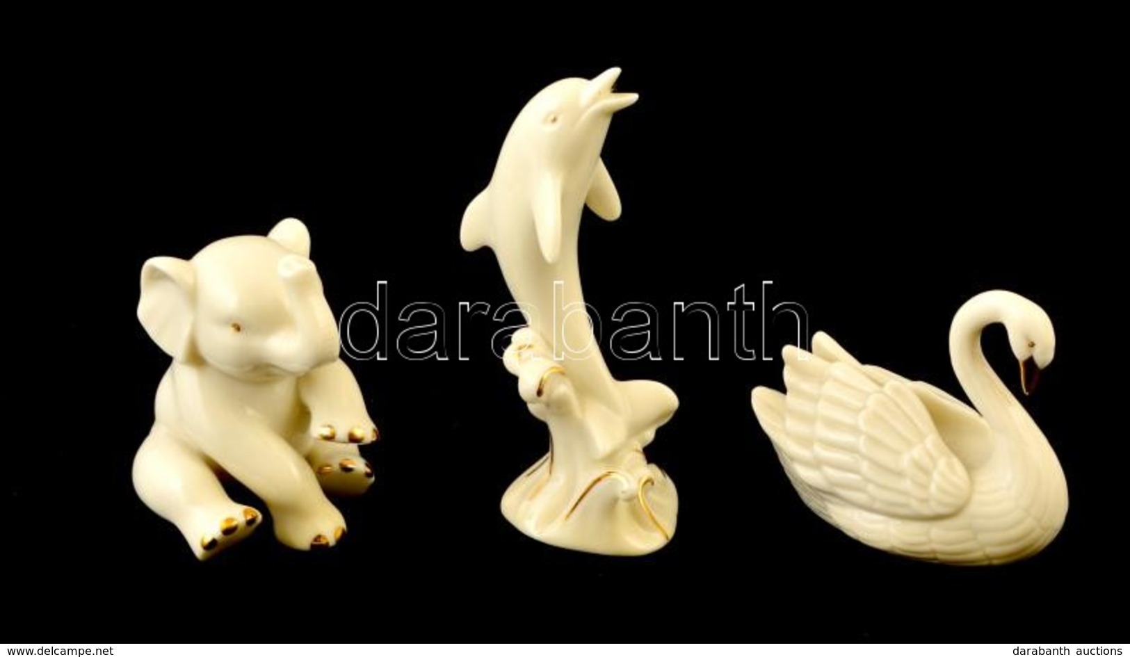 Lenox Aranyozott Porcelán állatok (elefánt Hattyú, Delfin), 3 Db, Hibátlanok, M: 6, 7 és 10 Cm - Sonstige & Ohne Zuordnung