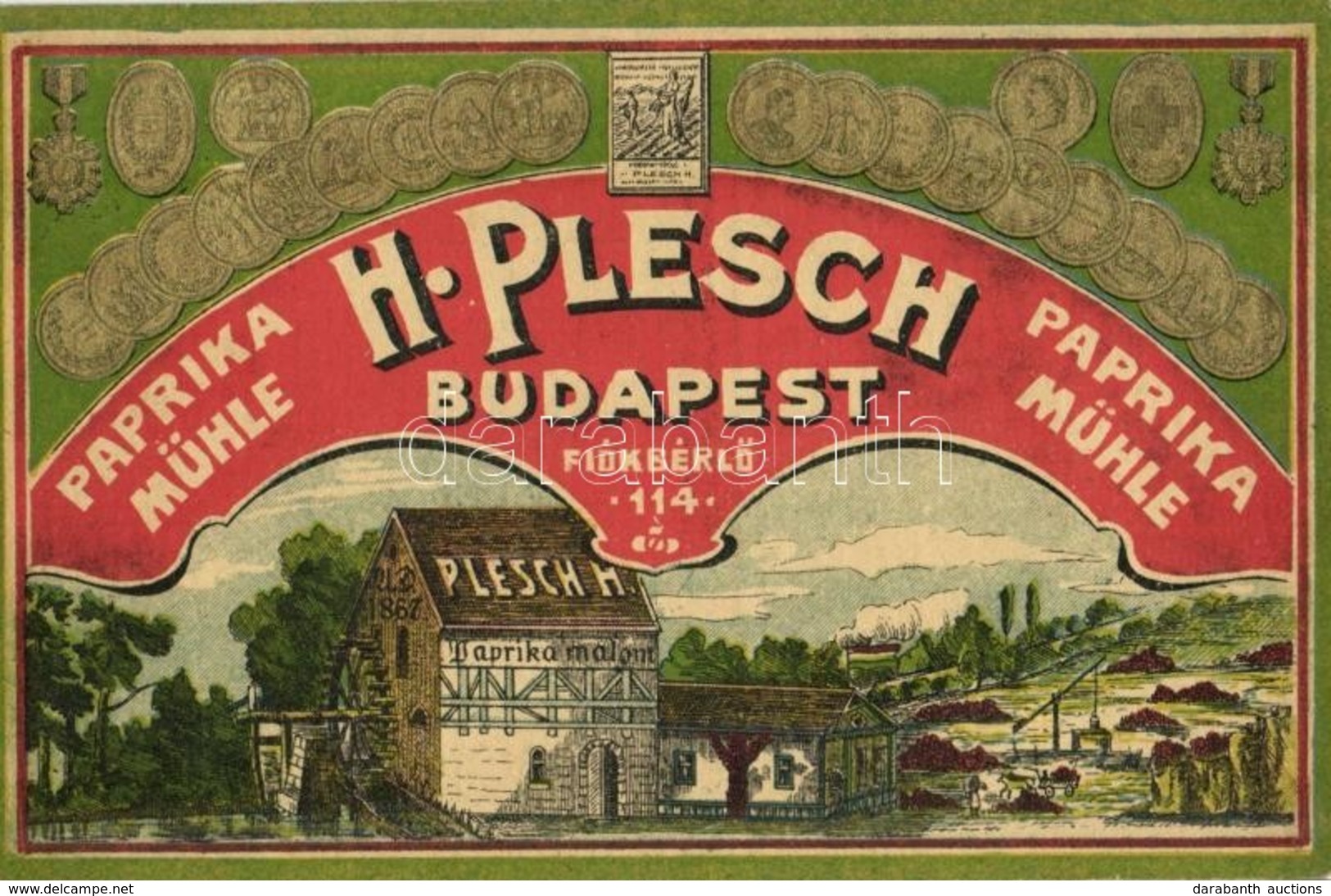 T2/T3 1908 Budapest, Pozsonyi H. Plesch Paprika Malom Szecessziós Reklámlapja. Fiókbérlő 114. / Paprika Mühle, Rosen-Pap - Ohne Zuordnung