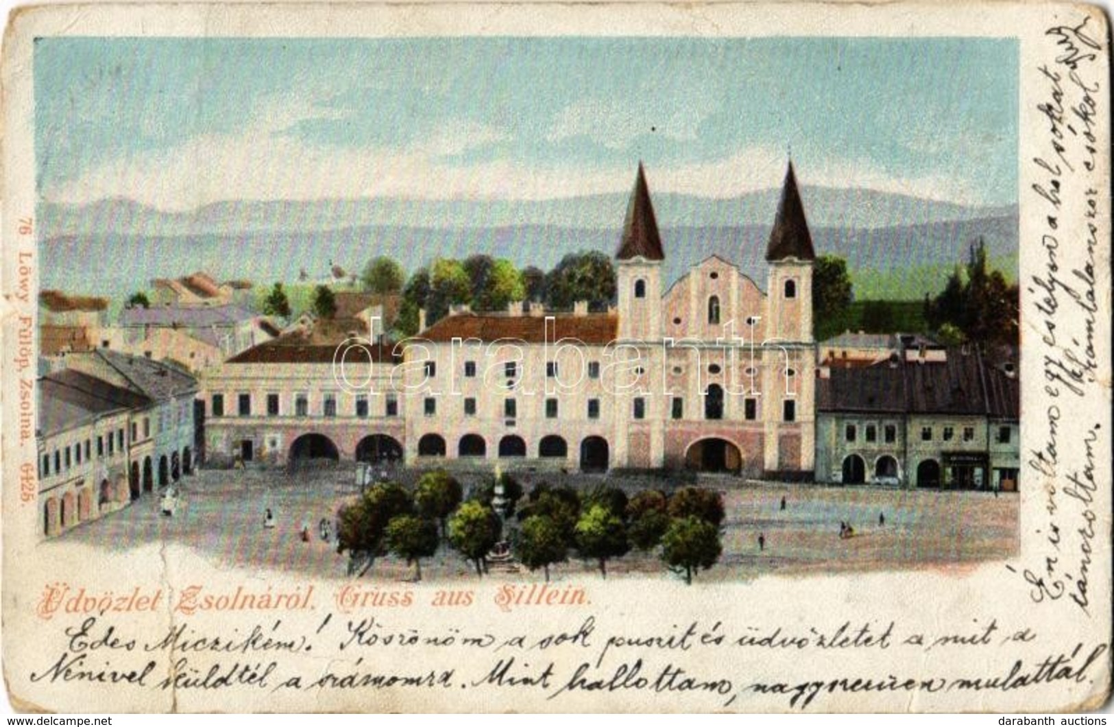 * T3/T4 1903 Zsolna, Sillein, Zilina; Templom, üzletek. Kiadja Löwy Fülöp 76. / Church, Shops (fa) - Sonstige & Ohne Zuordnung