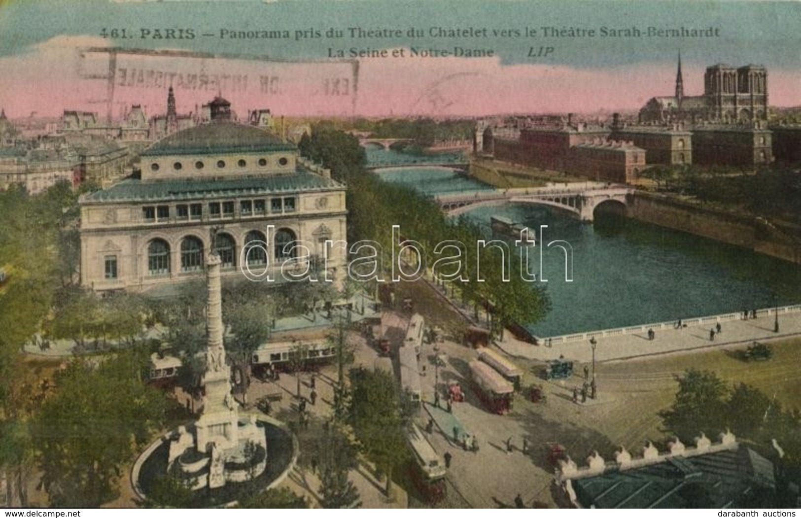 T2 1924 Paris, Panorama Pris Du Theatre Du Chatelet Vers Le Theatre Sarah-Bernhardt / General View, Theatre, Trams, Auto - Sonstige & Ohne Zuordnung