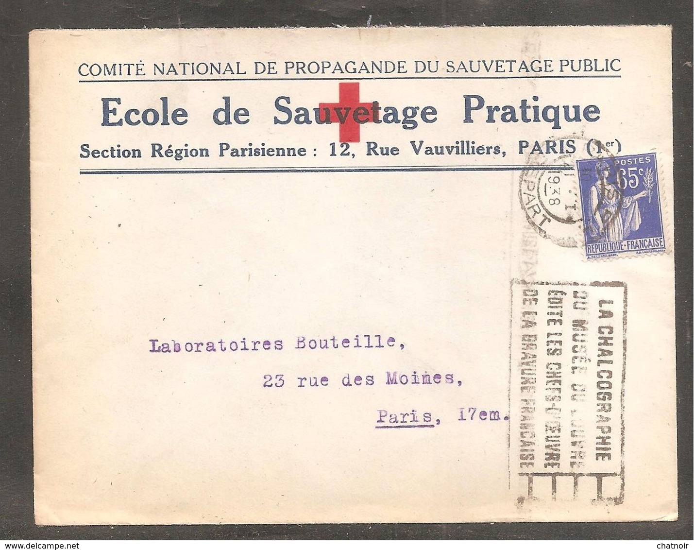 Enveloppe Comite Du Sauvetage Public  Ecole De Sauvetage Pratique 65 C Paix Oblit PARIS  La Chalcographie  Musee Louvre - 1932-39 Peace