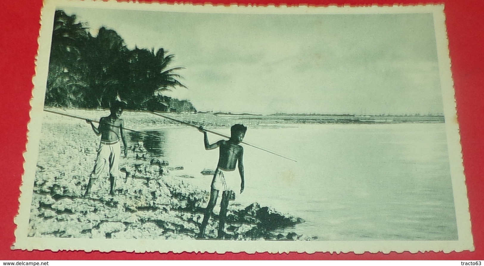 CARTE POSTALE OCEANIE:CAROLINES, DRESSES SUR LE RECIF DE CORAIL CES PETITS CANAQUES GUETTENT LE POISSON,  ETAT VOIR PHOT - Micronésie