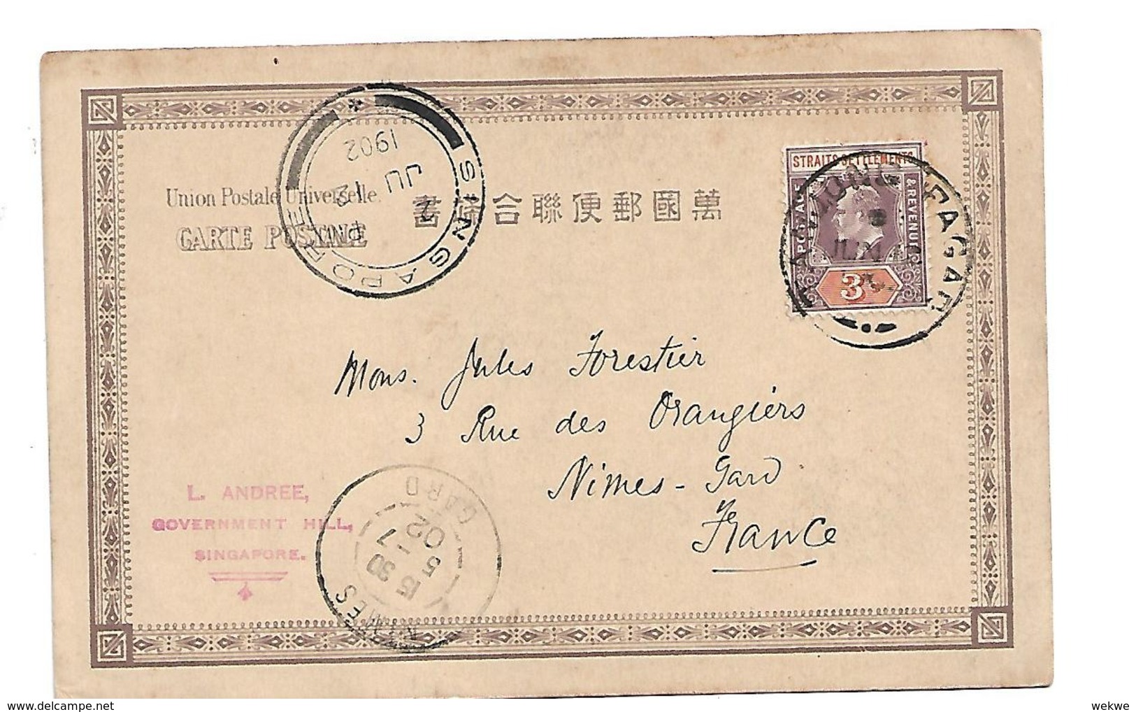 Si039 / SINGAPUR - Tanjong-Pagar, Railway Station 1902, King Edward (entiere) Ganzsache Nach  Nimes (Frankreich) - Singapore (...-1959)