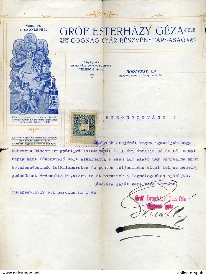 Gróf Esterházy Géza Cognac Gyár, Fejléces, Céges Levél 1912. /  Letterhead Corp. Bill - Ohne Zuordnung