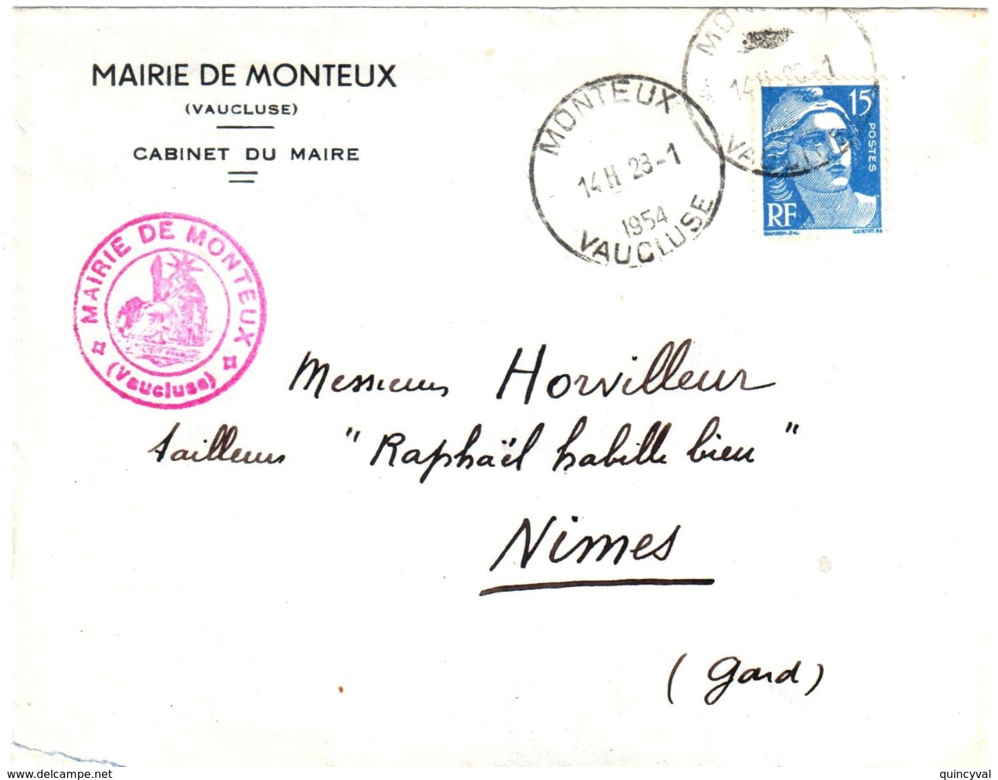 MONTEUX Vaucluse Lettre Entête Mairie 15 F Gandon Bleu Yv 886 Ob 1954 Horoplan "Pneumatique" Lautier A5 - Briefe U. Dokumente