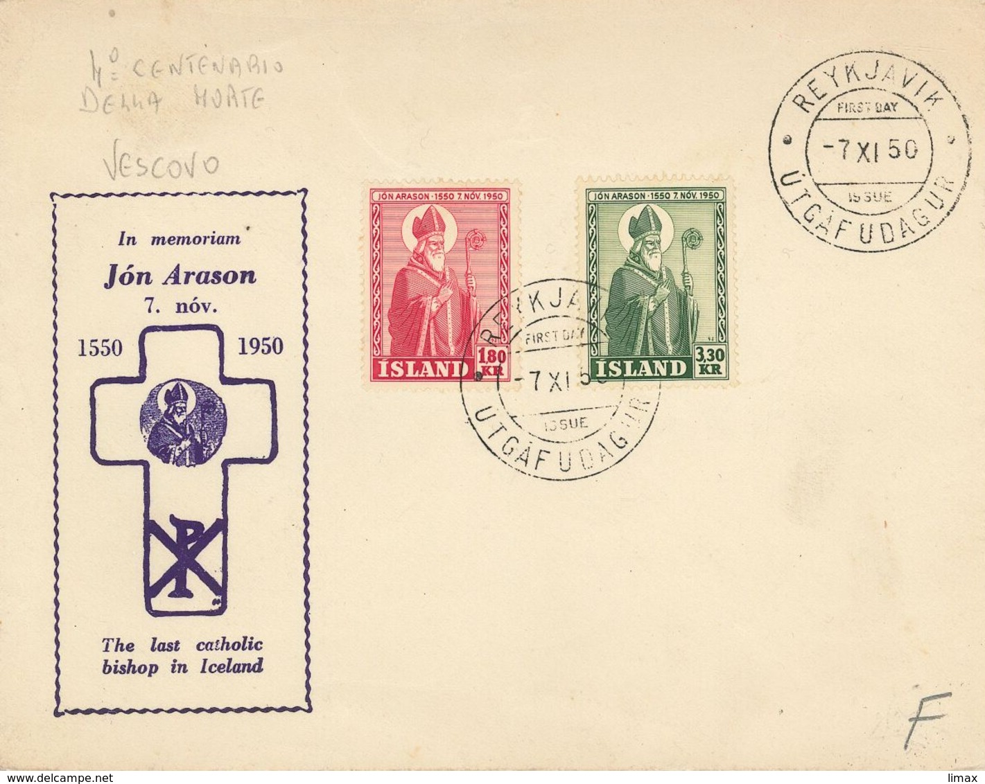 Reykjavik Jon Arason Jon 1950 FDC - Briefe U. Dokumente