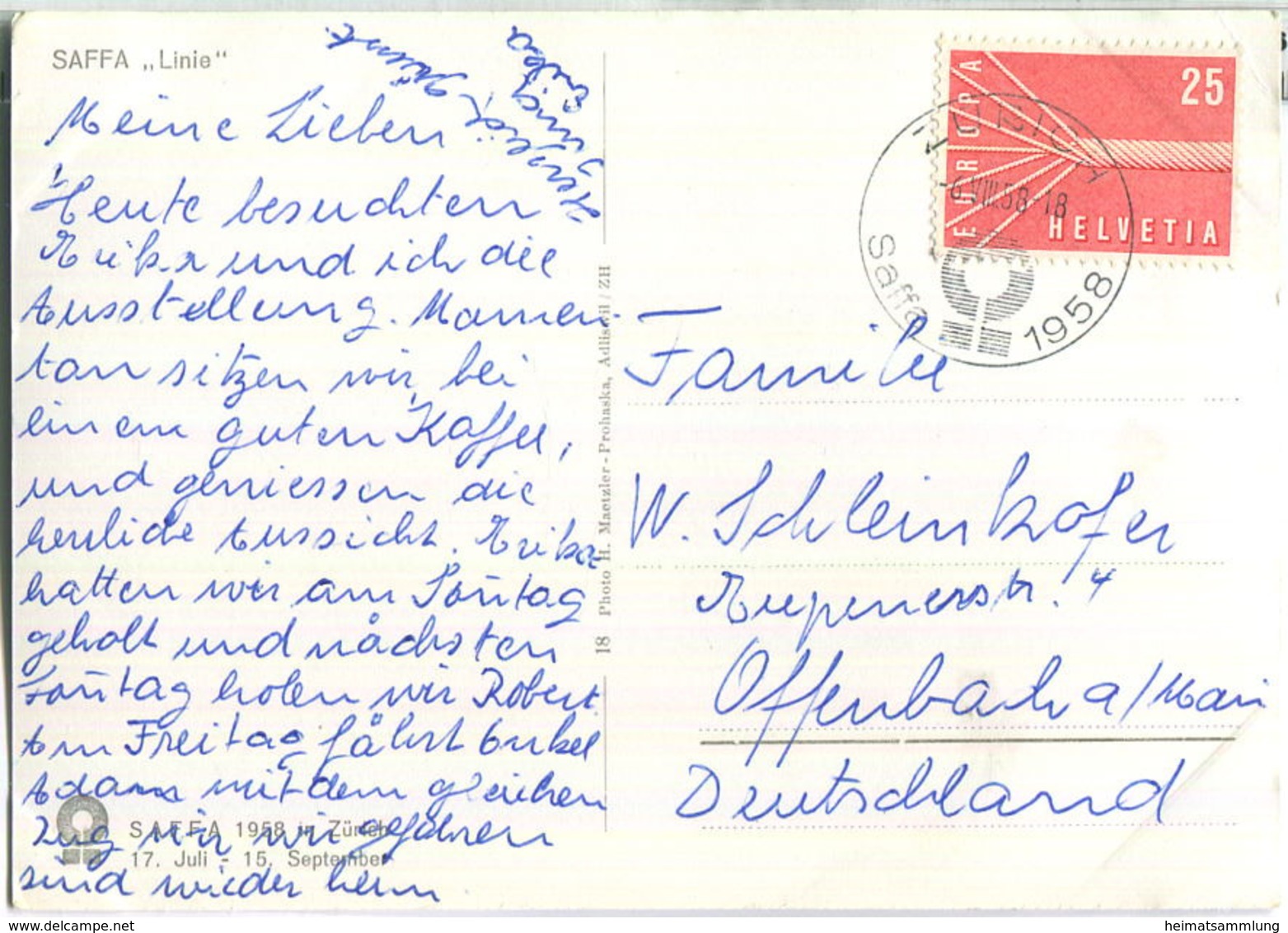 Zürich - Saffa Linie 1958 - Entsprechender Sonderstempel - Foto-Ansichtskarte - Verlag H. Maetzler-Prohaska Adliswil - Adliswil