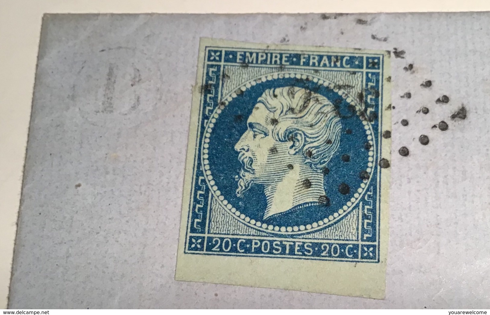 1854 Empire 20c BLEU FONCÉ SUR VERT SUP. Signé Scheller Yv.14 Ad Lettre ST QUENTIN 1855 (2 Aisne =Ludins)  / France - 1853-1860 Napoleon III