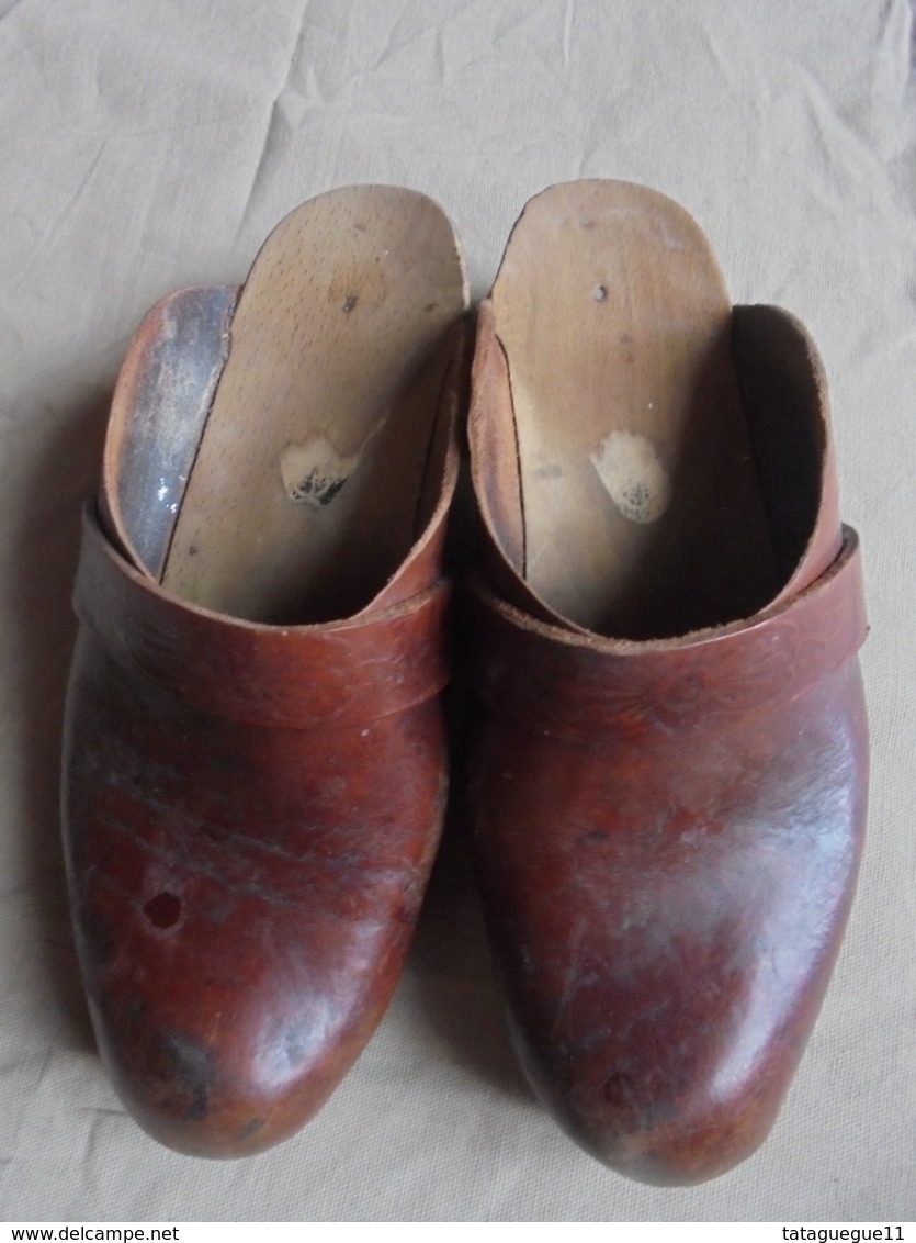 Vintage - Paire De Sabots En Bois Et Cuir Marron - Chaussures