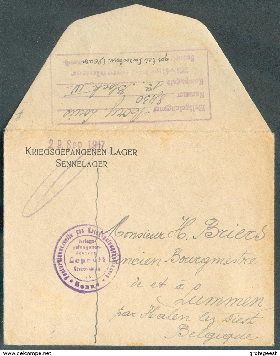 Enveloppe (griffe 'Kriegsgefangenen-Lager Sennelager 29 Sept. 1917') Envoyée Par Un Prisonnier (verso : Griffe Violette - Prisonniers