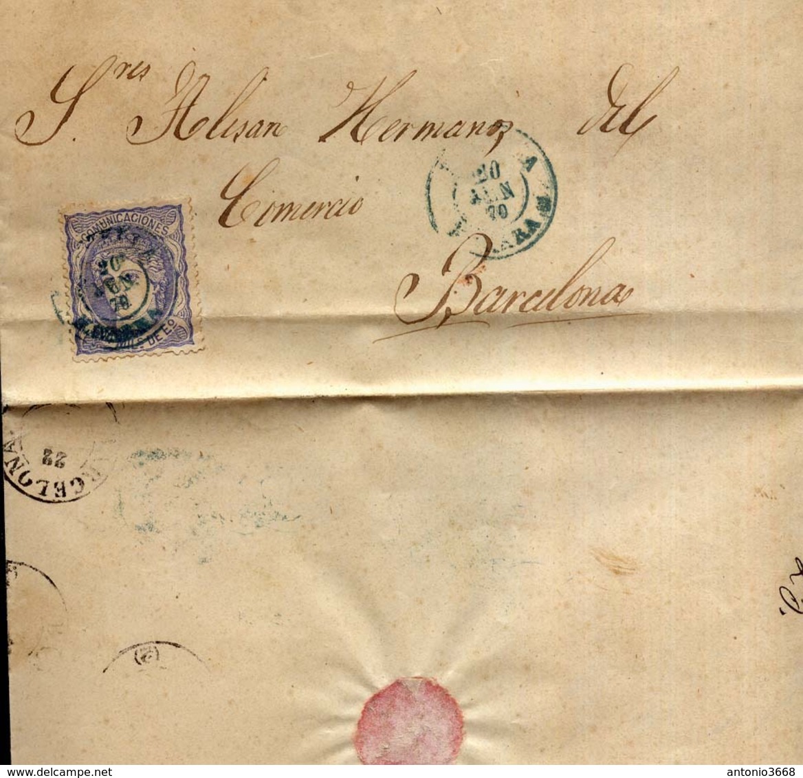 Año 1870 Edifil 107 50m Sellos Efigie Carta   Matasellos Azul Estella Navarra - Briefe U. Dokumente