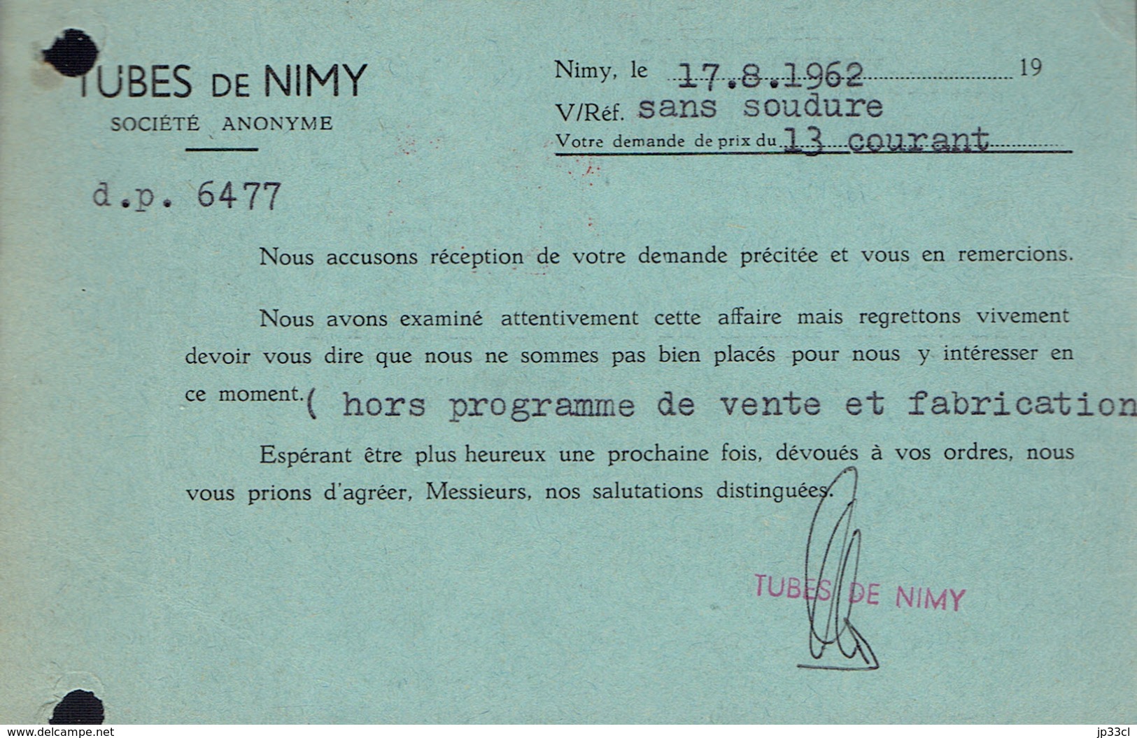 CP Des Tubes De Nimy, Société Anonyme, Nimy Lez Mons Vers La Louvière Du 18/8/1962 - 1950 - ...