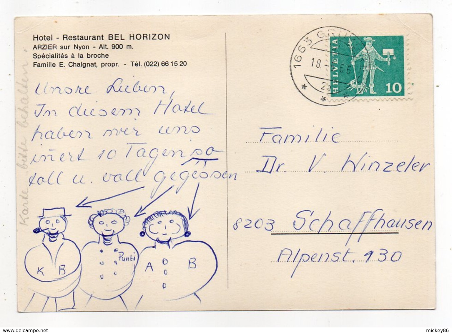 Suisse -VD-- ARZIER SUR NYON--1966--Hôtel-Restaurant " BEL HORIZON" -- Cachet --timbre---carte Publicitaire à Saisir - Arzier-Le Muids