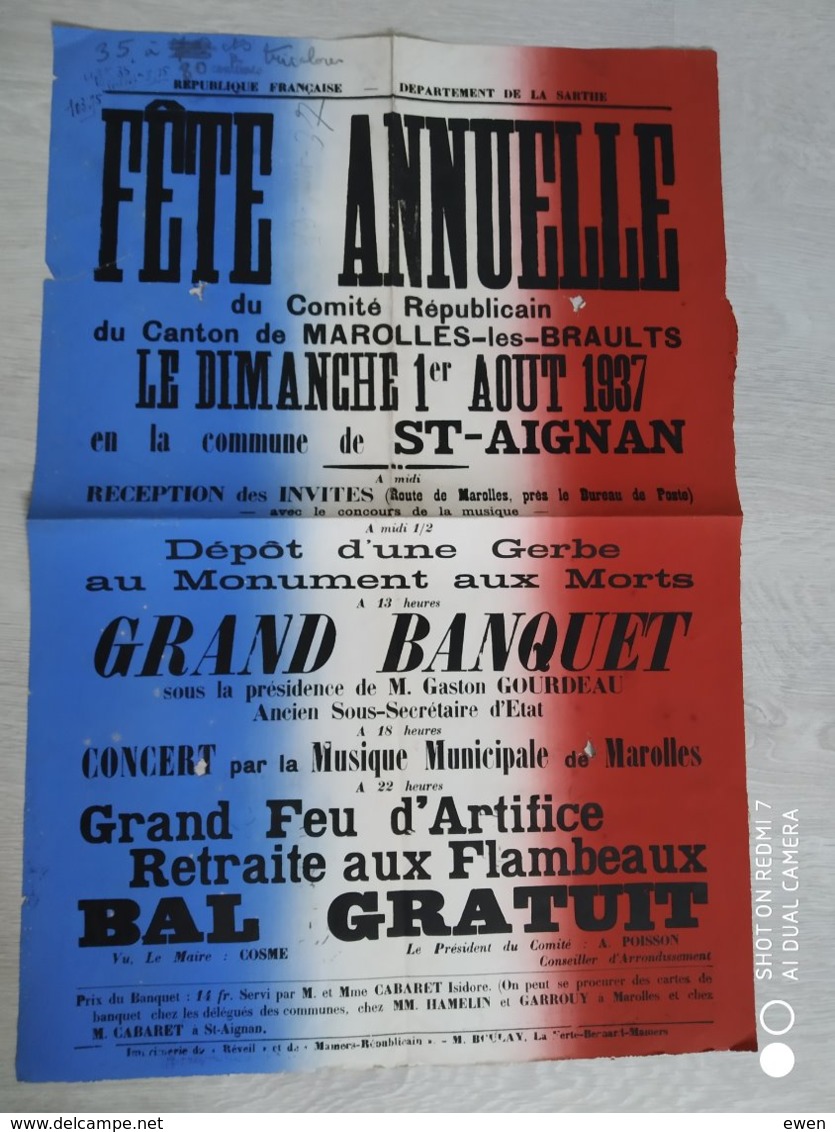 St-Aignan (Sarthe). Jolie Affiche Ancienne De Aout 1937. Fête Annuelle. Canton De Marolles-les-Braults. - Plakate