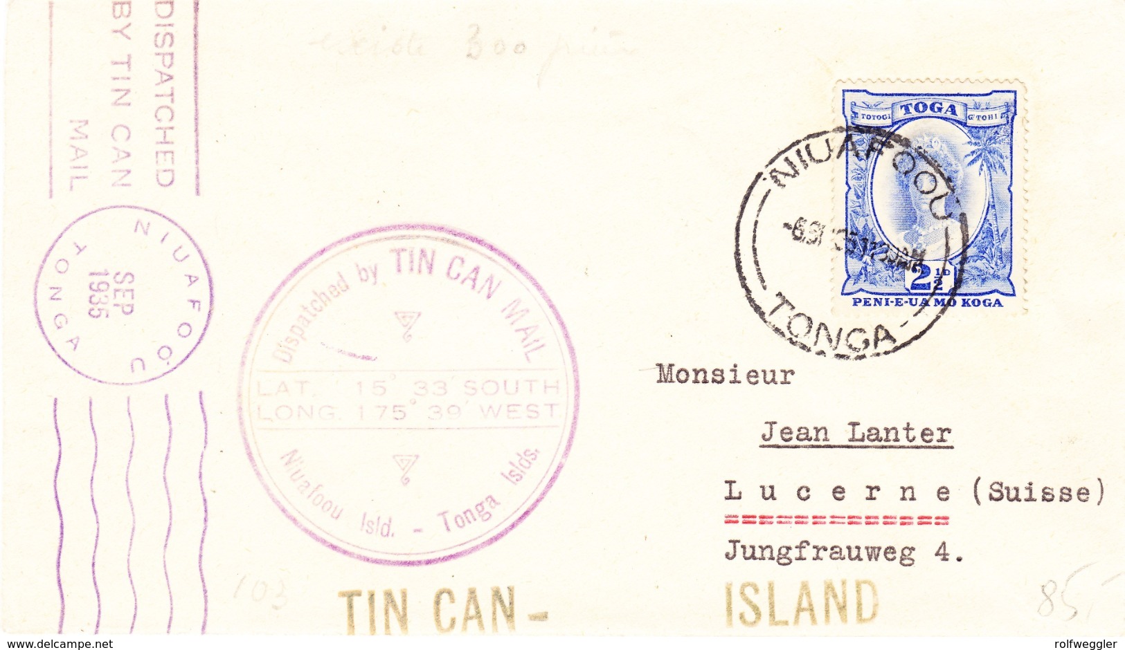 1935 TinCan Mail Aus Niuafoou Nach Luzern - Tonga (...-1970)