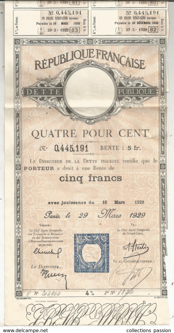 JC , Dette Publique , Quatre Pour Cent  , Rente De Cinq Francs , 1929 , 2 Scans , Frais Fr 1.95 E - Autres & Non Classés