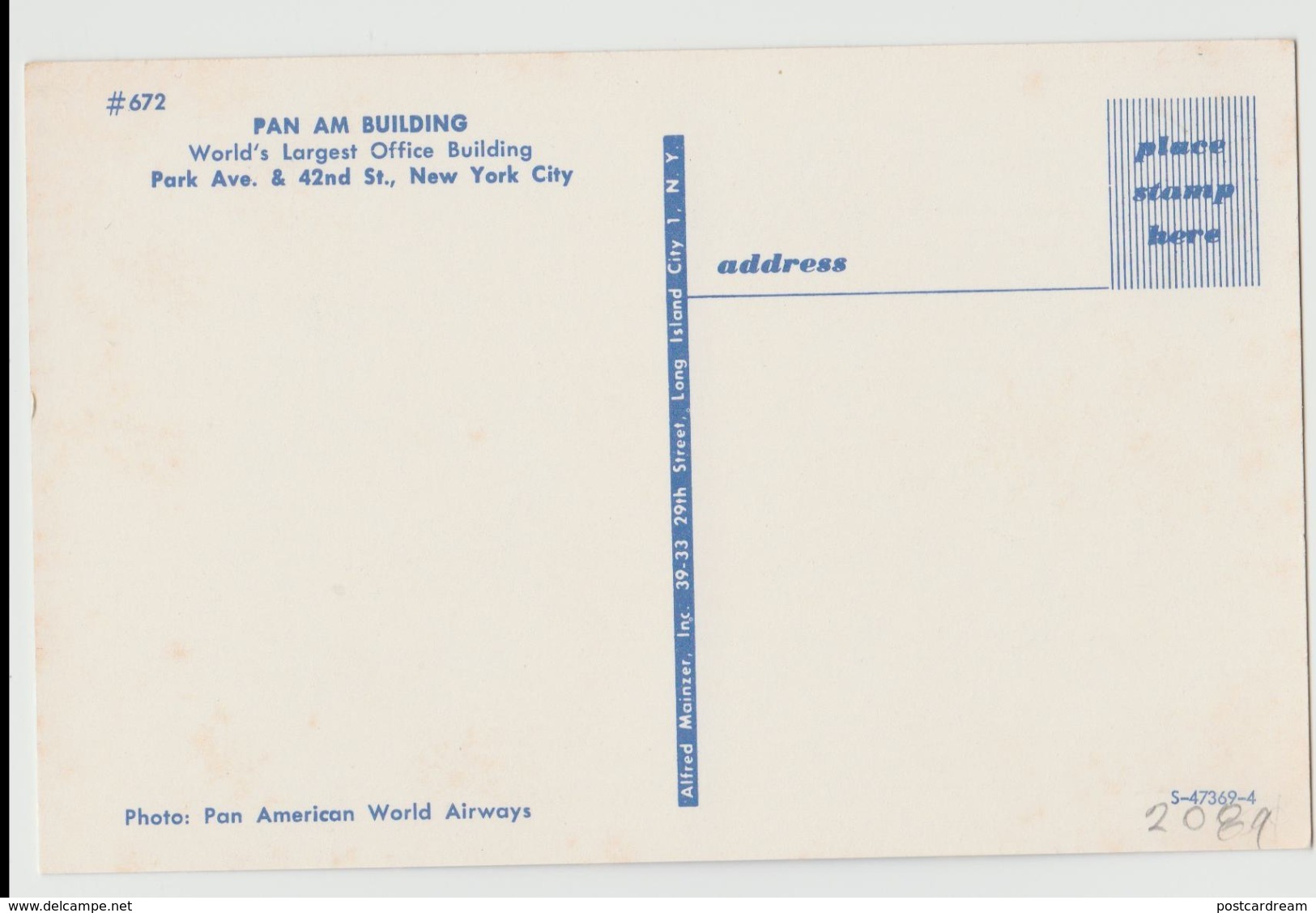 Pan American Airlines Airways Building Chrysler NYC New York City Postcard - Piazze