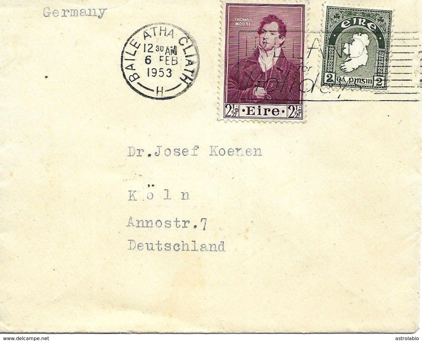 Baile Atha Sur Lettre Vers Allemagne 1953 Cover, Brief - Storia Postale