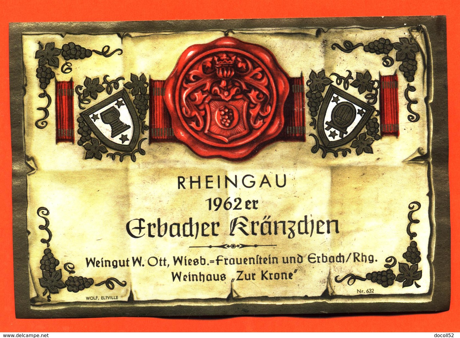 étiquette De Vin D'alsace Rheingau Erbacher Franzdjen 1962 W Ott à Wiesbaden Frauenstein - 75 Cl - Riesling