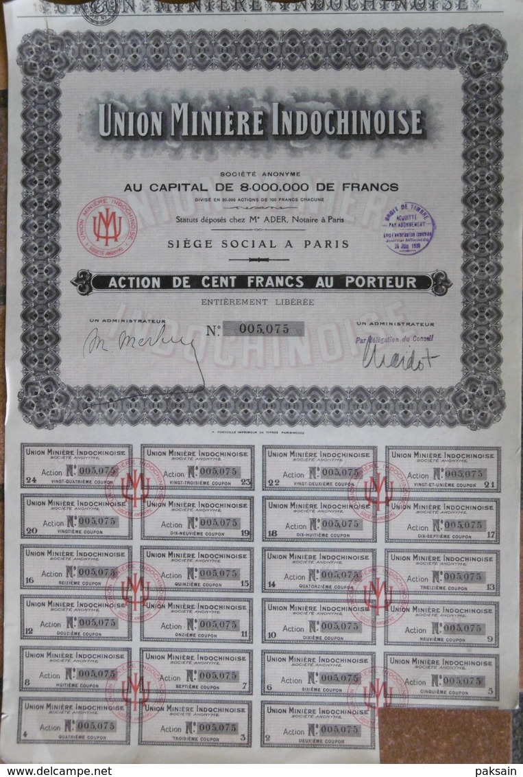 Lot De 100 Actions Union Minière Indochinoise 1930 Indochine Asie Bond Indochina Mine Mines Vietnam Tonkin - Asien