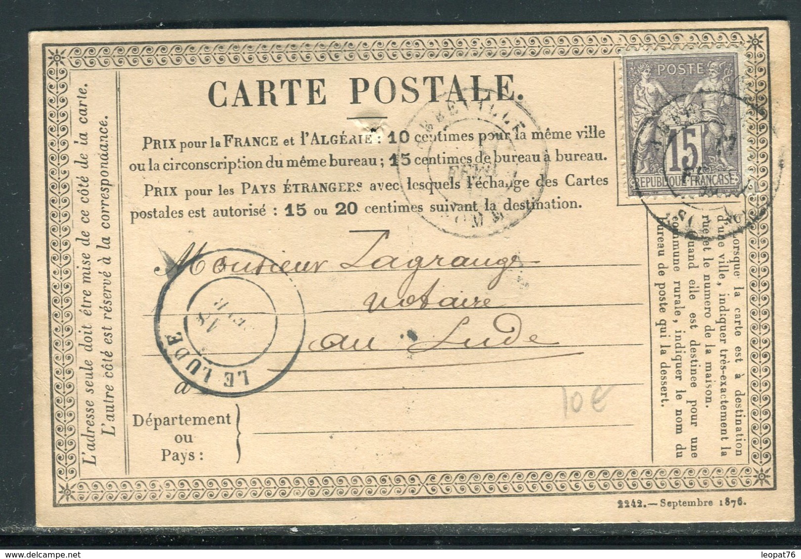 Carte Précurseur De Abbeville Pour Le Lude En 1877, Affranchissement Sage - Réf N 64 - Precursor Cards