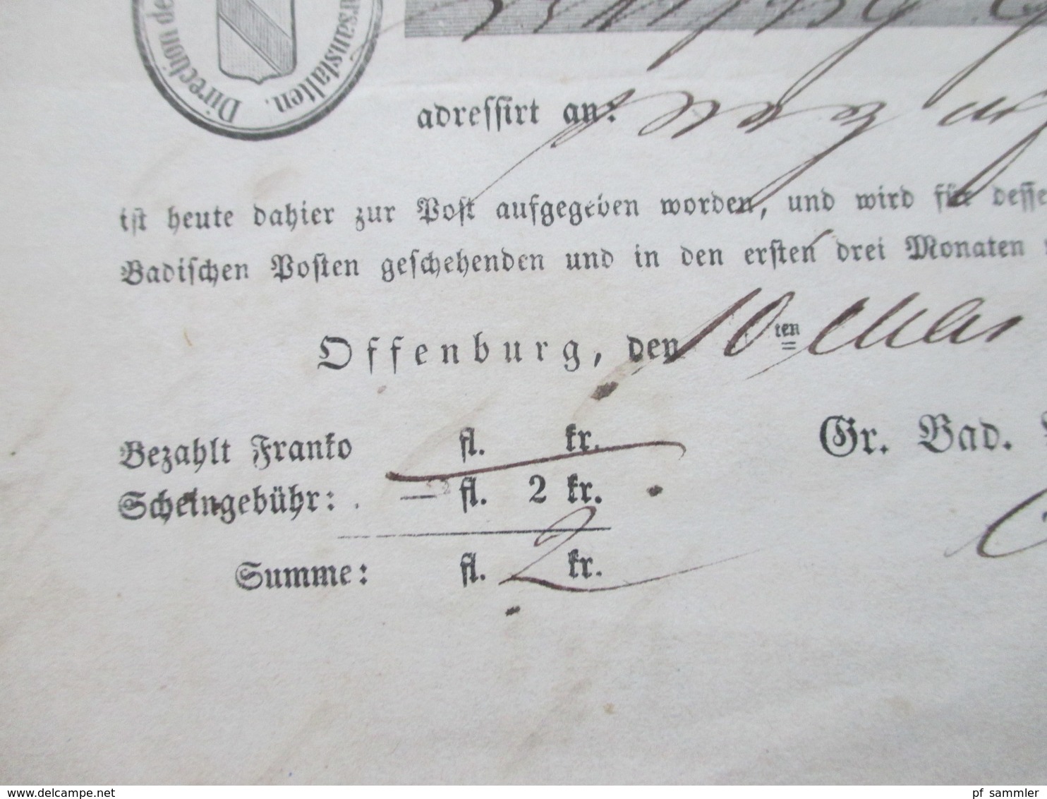 Altdeutschland 1871 Baden Postschein Direction Der Grosh. Badischen Verkehrsanstalten / Fahrpost Offenburg - Freiburg - Lettres & Documents