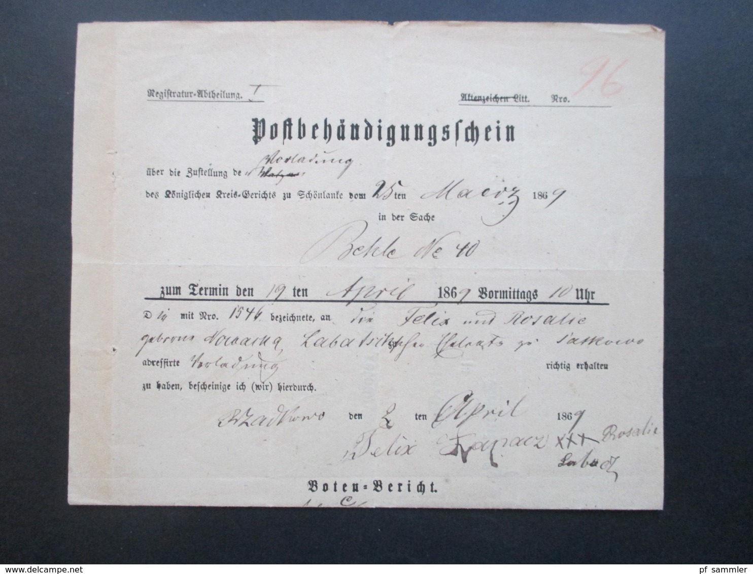 AD Preussen 1869 Postbehändigungsschein Nach Schönlanke Mit Stempel K. Pr. Post Exped. Miasteczko Schlesien Heute Polen - Briefe U. Dokumente