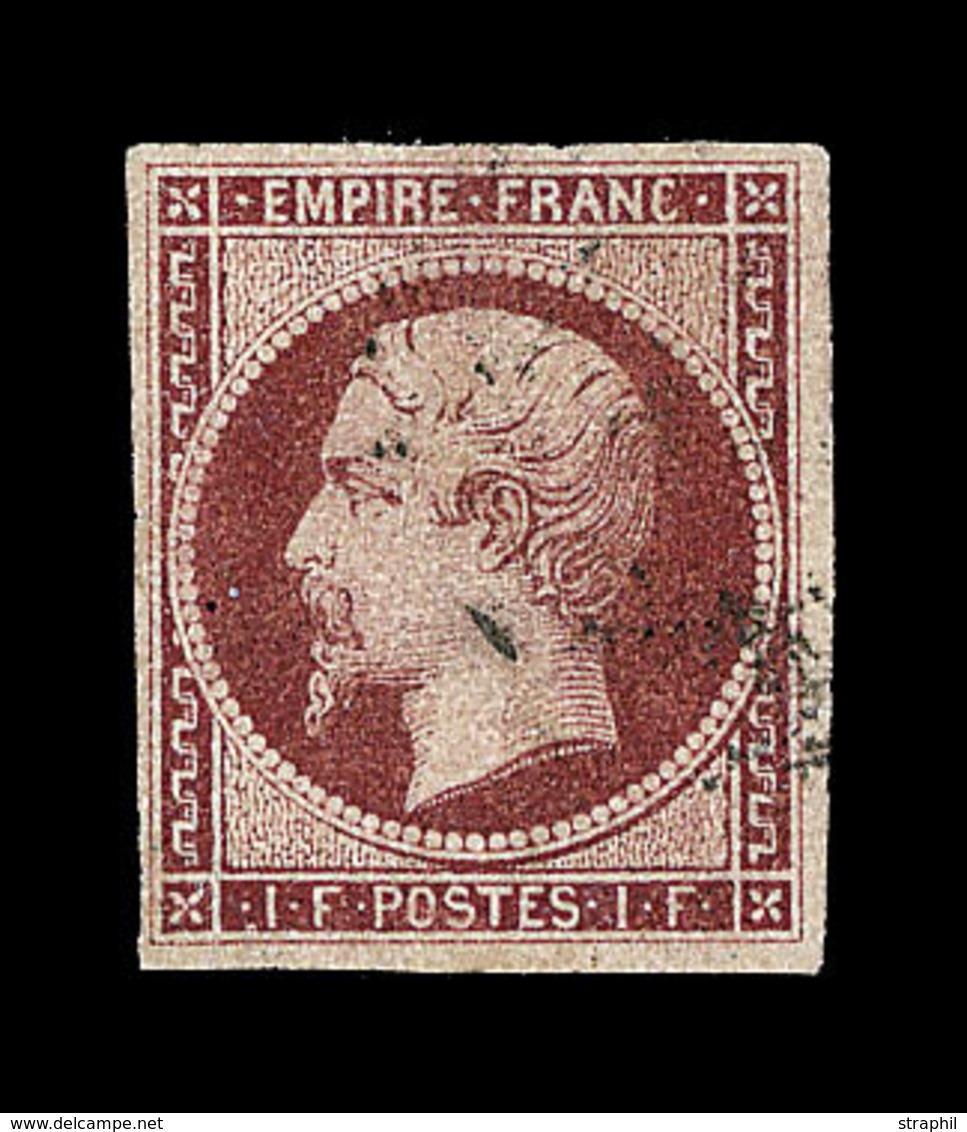 O NAPOLEON NON DENTELE - O - N°18 - 1F Carmin - Signé Brun - Certif - TB - 1853-1860 Napoléon III