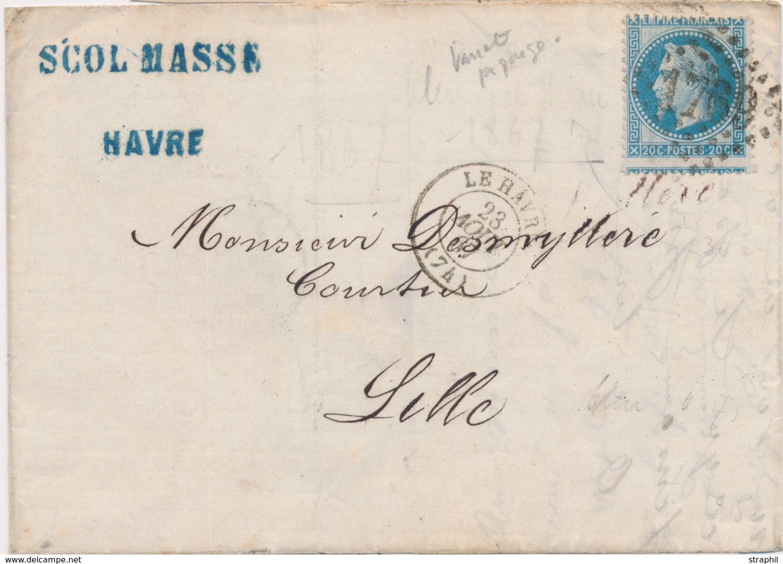 LAC ÉMISSION EMPIRE LAURE Sur Lettre - LAC - N°29B - Obl. GC 1769 - Piquage à Cheval - T15 LE HAVRE - 23/8/67 - B/TB - 1849-1876: Période Classique