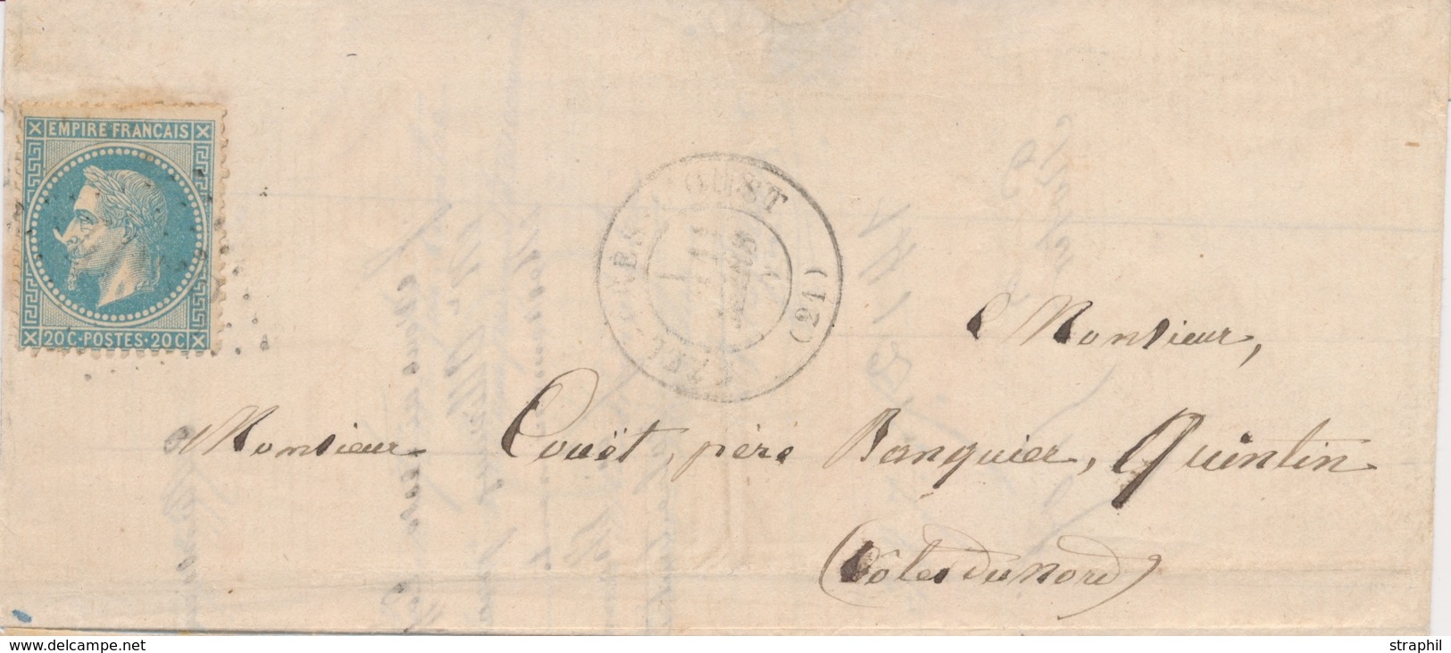 L ÉMISSION EMPIRE LAURE Sur Lettre - L - N°29Bb - 20c Bleu - Type II à La Corne S/lettre B/TB - 1849-1876: Période Classique