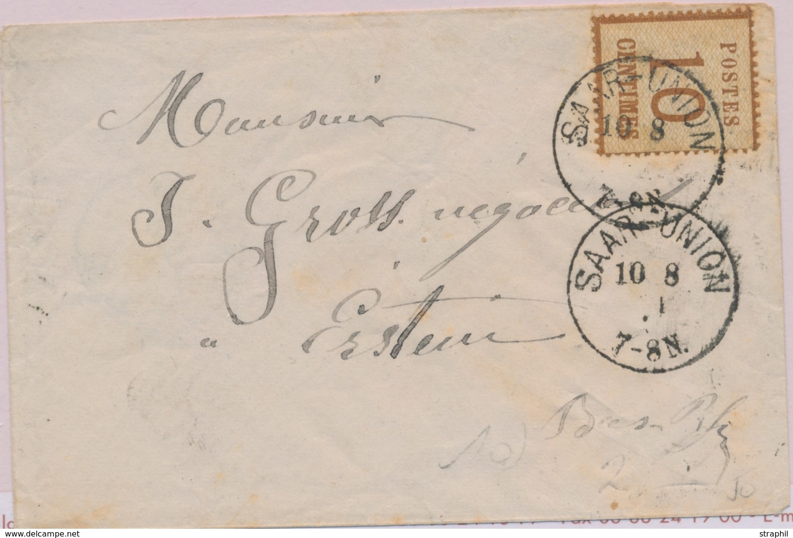 L TIMBRES 1870/71 S/LETTRE - L - N°5 - Obl. Saar-Union 10/8071 Pour Erstein - Autres & Non Classés